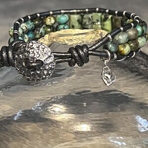 Natural Turquoise Leather Wrap Bracelet Sterling Tiny Heart Charm- Adjustable